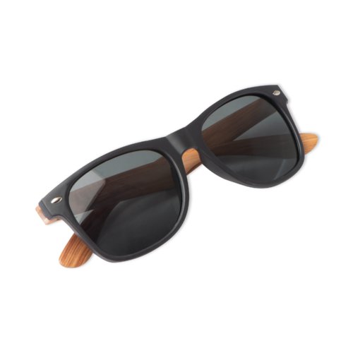 Schwarze Sonnenbrille mit Holz-Bgeln.