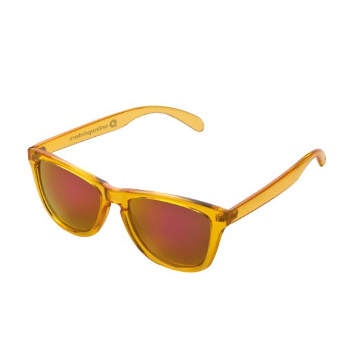 Gelbe Kunststoff-Sonnenbrille im Retro-Stil.