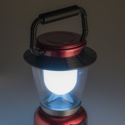 Rote Camping-LED-Laterne mit Standfu und Tragegriff.