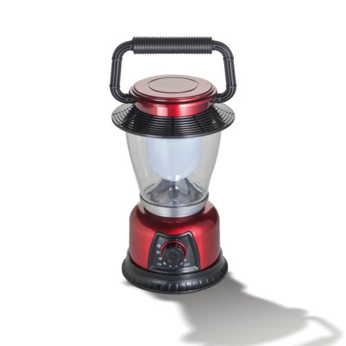 Rote LED-Campinglampe mit Tragegriff und Drehschalter.