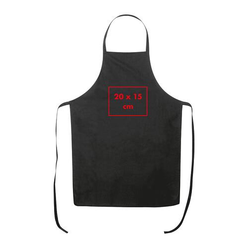 Schwarze Baumwollschürze mit Nackenband und langen Bindebändern.