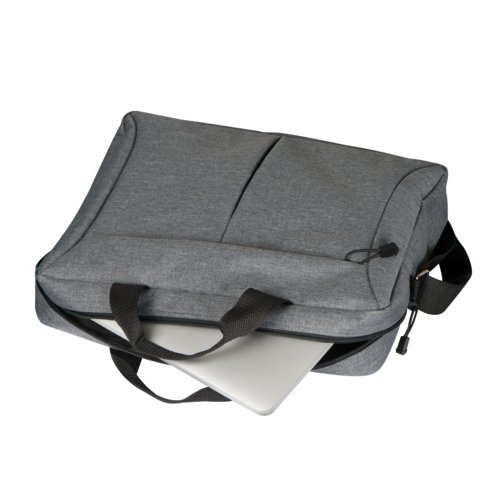 Graue Laptop-Tasche mit Reißverschluss und Tragegriffen.