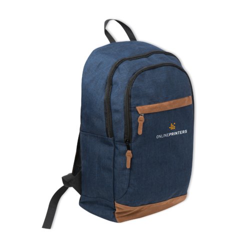 Blauer Stoff-Rucksack mit Reiverschlussfchern und verstellbaren Trgern.
