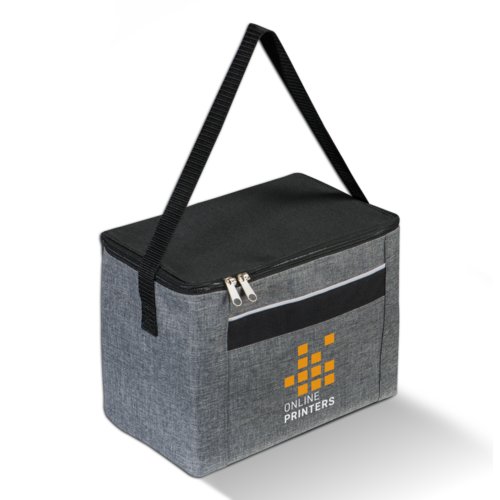 Anthrazitfarbene Khltasche aus Stoff mit Reiverschluss und Tragegriff.