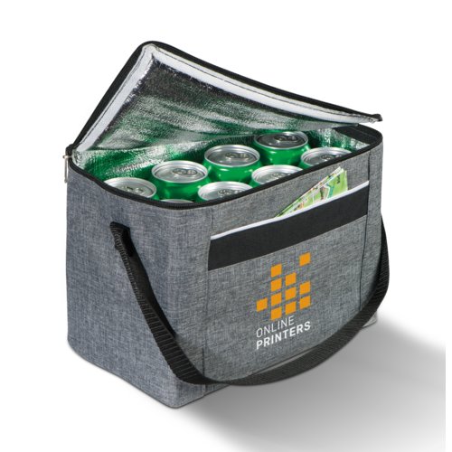 Graue Khltasche aus Polyester mit Reiverschluss und Tragegriffen.