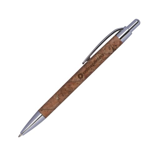 Brauner Kork-Kugelschreiber mit Metallelementen und Clip.