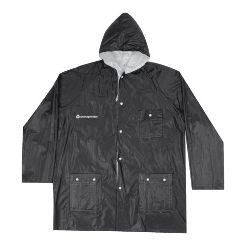 Schwarze Regenjacke mit Kapuze, Taschen und Knpfen.