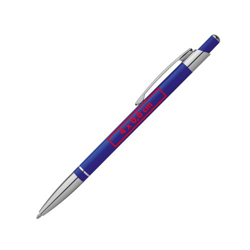 Blauer Metall-Kugelschreiber mit Clip und Druckknopfmechanik.