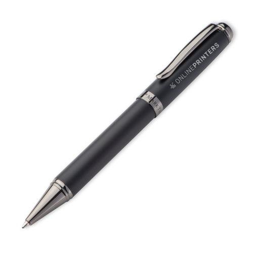 Schwarzer Metall-Kugelschreiber mit Muster, Clip und Druckmechanismus.