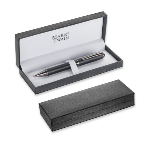 Grauer Metall-Kugelschreiber mit zugehriger Geschenkbox.