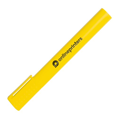 Gelber Textmarker aus Kunststoff mit Kappe.