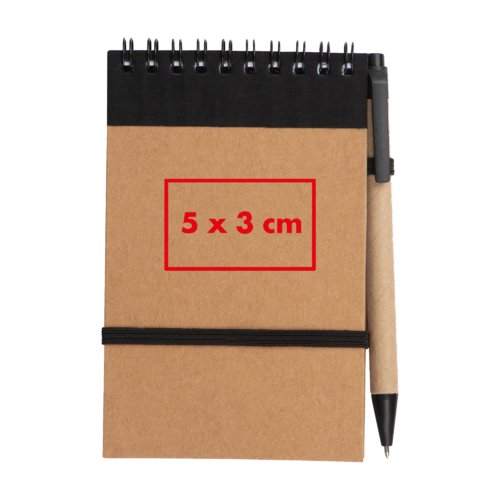 Notizblock mit Stift und Gummibandverschluss.