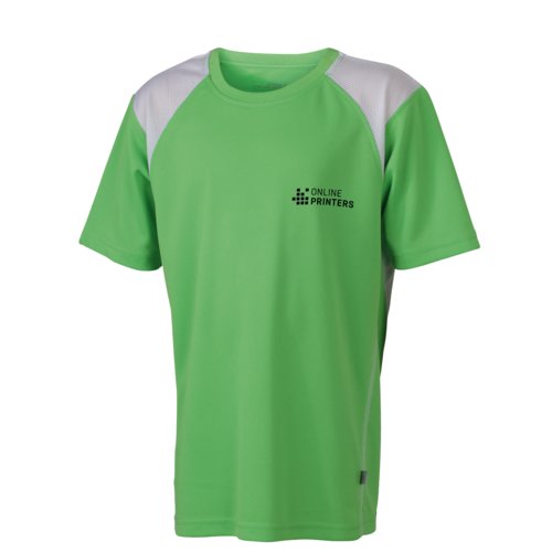 Grnes Funktions-Laufshirt fr Kinder mit kurzen rmeln.