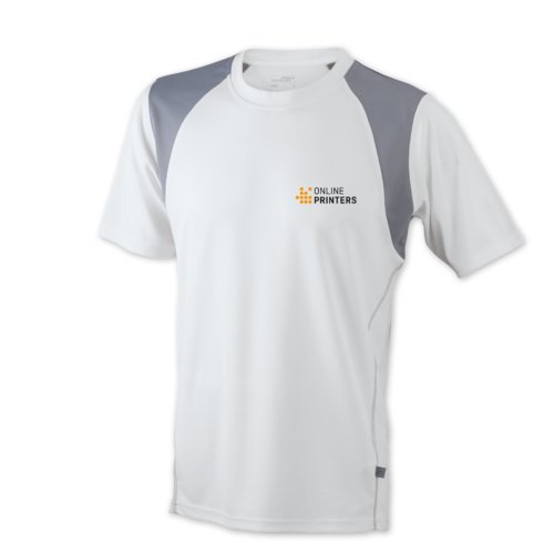 Weißes Polyester-Laufshirt für Herren mit kurzen Ärmeln.