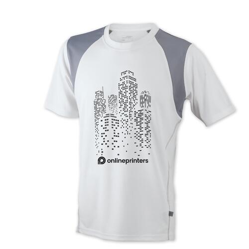 Wei�es Polyester Laufshirt f�r Herren mit kurzen �rmeln.