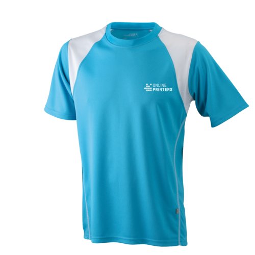 Hellblaues und weißes Polyester-Laufshirt für Herren mit kurzen Ärmeln.