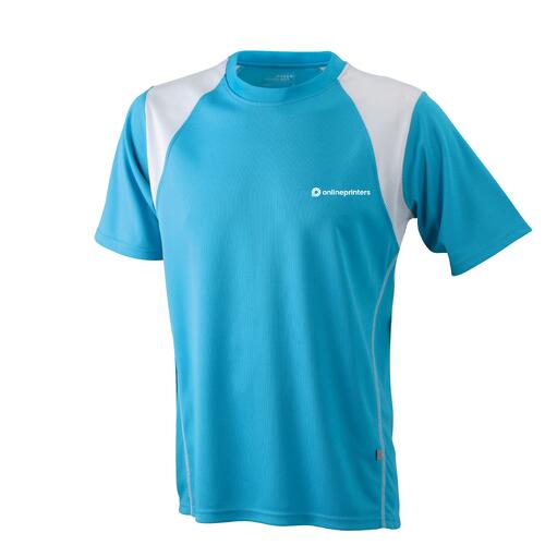 Hellblaues und wei�es Polyester-Laufshirt f�r Herren mit kurzen �rmeln.