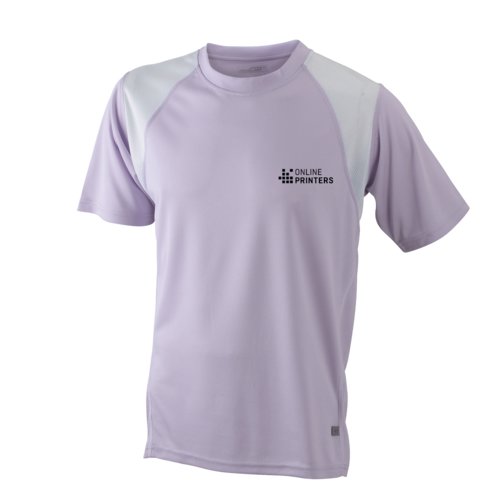 Lila/Weißes Polyester-Laufshirt für Herren mit kurzen Ärmeln.