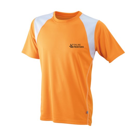 Orangefarbenes Laufshirt aus Polyester für Herren mit kurzen Ärmeln.