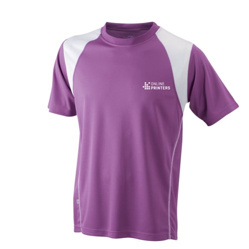 Violettes und weißes Polyester-Laufshirt für Herren mit kurzen Ärmeln.