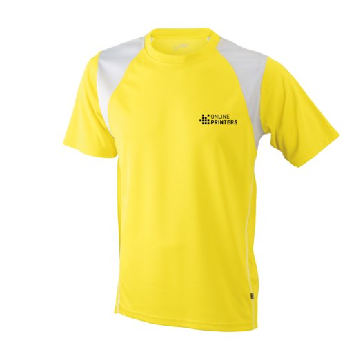 Gelbes Herren-Laufshirt aus Polyester mit kurzen Ärmeln.