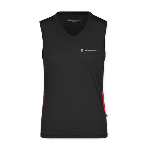 Schwarz-rotes Tanktop aus Polyester mit V-Ausschnitt f�r Damen.