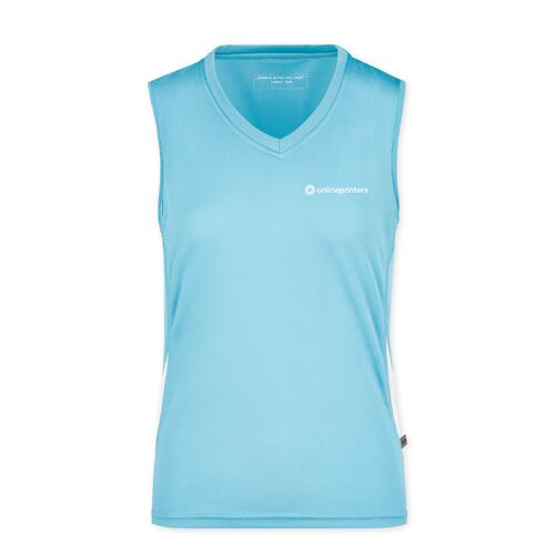 Hellblaues Damen Tanktop aus Polyester mit V-Ausschnitt.