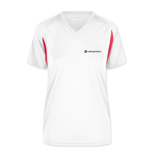 Wei�es und rotes Funktionsshirt aus Polyester f�r Damen mit V-Ausschnitt.