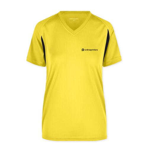 Gelbes Funktionsshirt aus Polyester mit V-Ausschnitt und kurzen �rmeln.