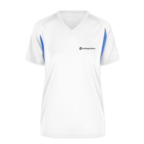 Wei�es und blaues Funktionsshirt aus Polyester f�r Damen mit V-Ausschnitt.