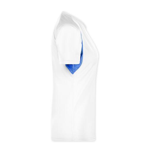 Wei�es/blaues Polyester-Funktionsshirt f�r Damen, Kurzarm.