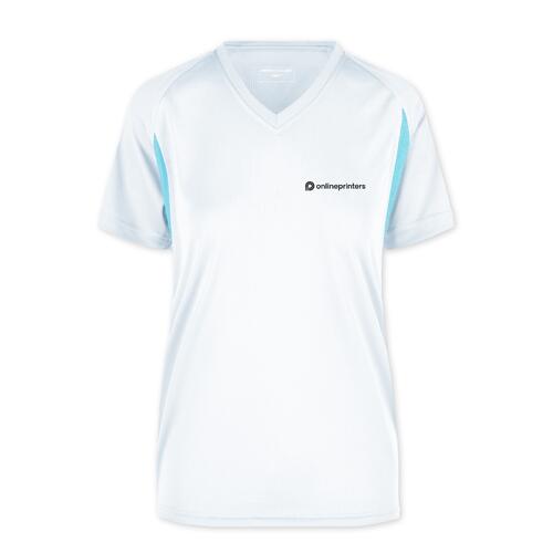 Wei�es und hellblaues Funktionsshirt aus Polyester mit V-Ausschnitt f�r Damen.