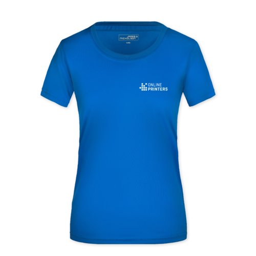 Royalblaue Damen T-Shirts aus Polyester mit kurzen Ärmeln.