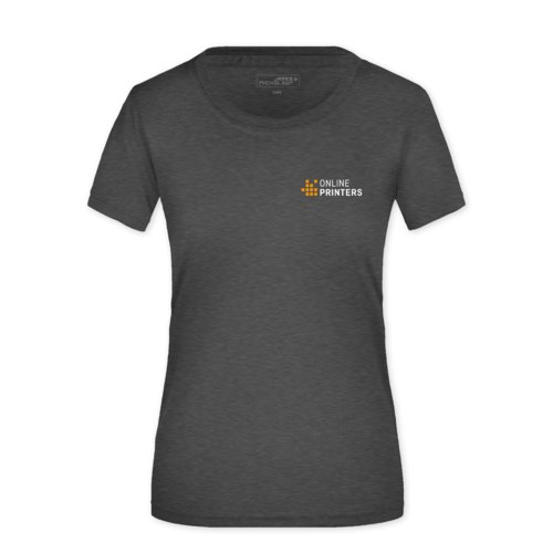 Dunkelgrau meliertes Polyester Damen T-Shirt mit kurzen Ärmeln.
