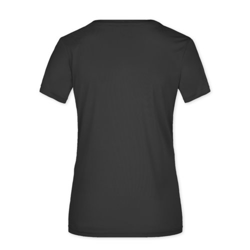 Schwarzes Damen-T-Shirt aus Polyester mit kurzen Ärmeln.