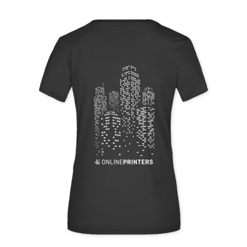 Schwarzes Damen T-Shirt aus Polyester mit kurzen Ärmeln.