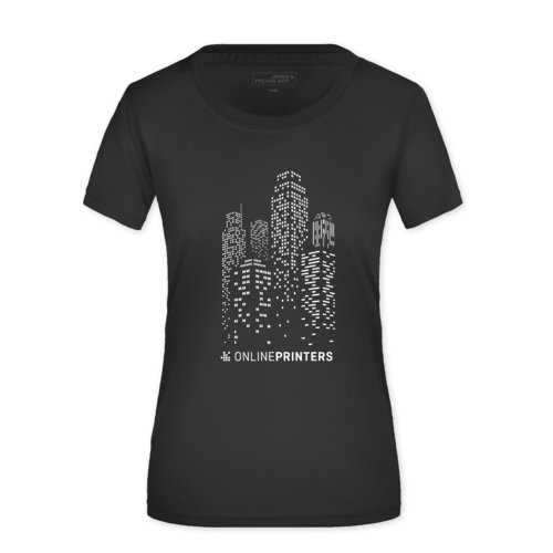 Schwarzes Polyester-T-Shirt für Damen mit kurzen Ärmeln.