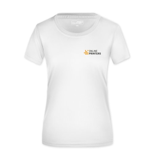 Weißes Polyester T-Shirt für Damen mit kurzen Ärmeln.
