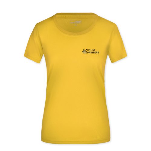 Gelbes Polyester-T-Shirt für Damen mit kurzen Ärmeln.