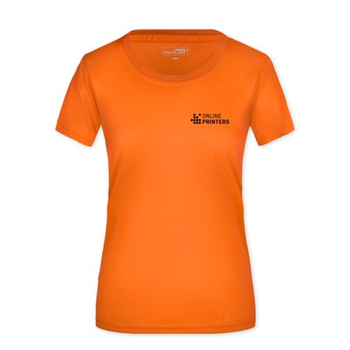 Oranges Polyester Damen T-Shirt mit kurzen Ärmeln.