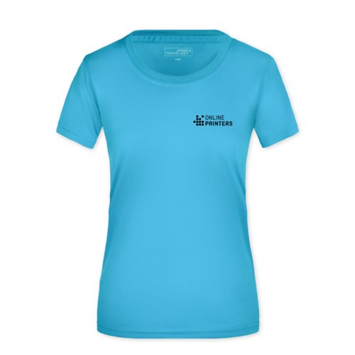 Türkisfarbenes Polyester T-Shirt für Damen, atmungsaktiv.