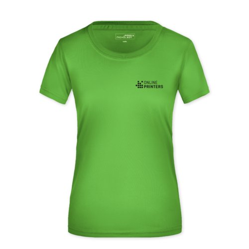Apfelgrünes Polyester Damen T-Shirt mit kurzen Ärmeln.