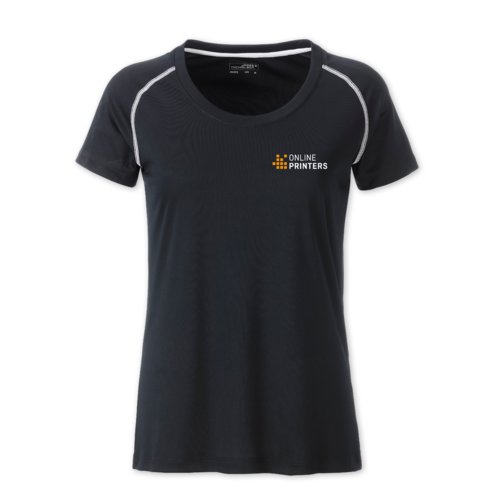 Dunkles Sport-T-Shirt aus Stoff fr Damen mit kurzen rmeln.