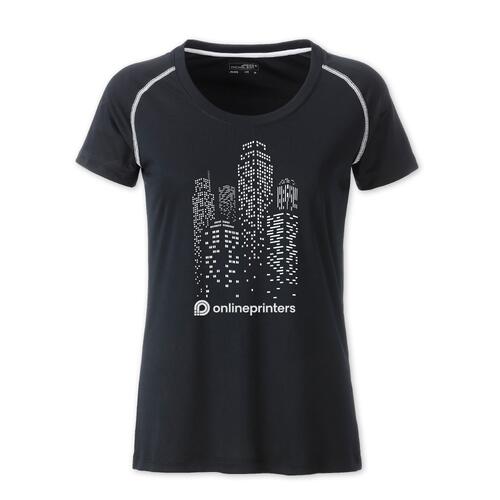 Schwarz-wei�es Polyester-T-Shirt f�r Damen, atmungsaktiv.