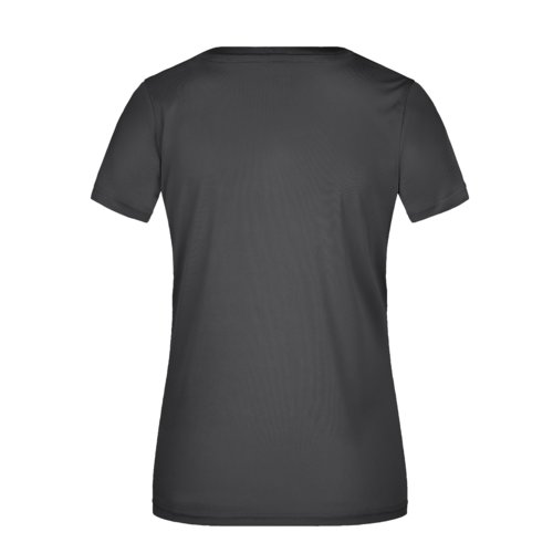 Schwarzes Polyester T-Shirt mit V-Ausschnitt und kurzen Ärmeln.