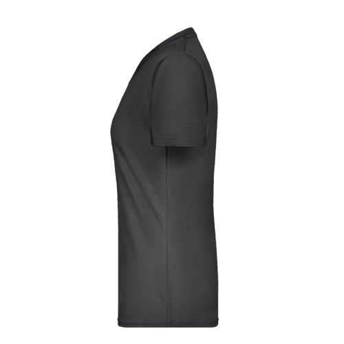 Schwarzes Polyester Damen T-Shirt mit V-Ausschnitt und kurzen Ärmeln.