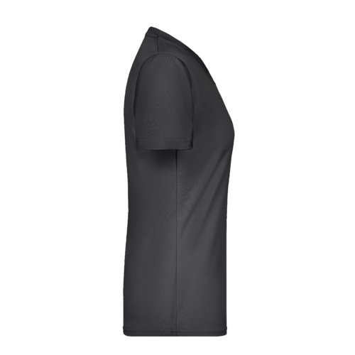 Schwarzes Polyester Damen V-Ausschnitt Shirt mit kurzen Ärmeln.