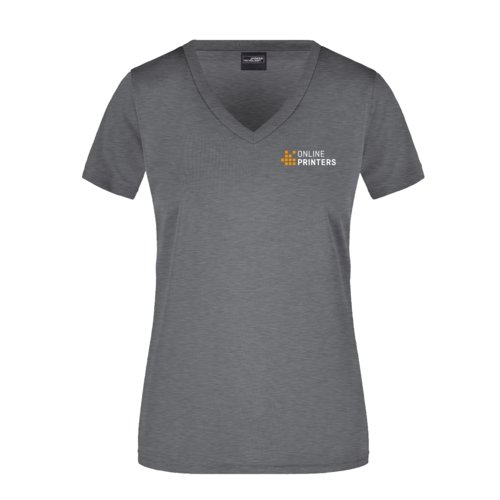 Dunkelgrau meliertes Polyester-T-Shirt mit V-Ausschnitt für Damen.