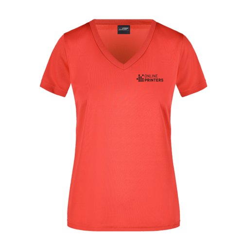Rotes Polyester V-Ausschnitt Damen T-Shirt mit kurzen Ärmeln.