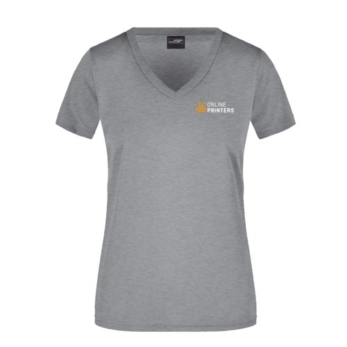 Grau meliertes Polyester-Shirt mit V-Ausschnitt für Damen.